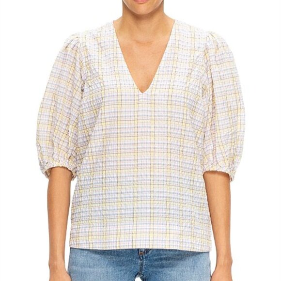 Ganni Recycled Seersucker Check Short Sleeve Top - Picture 1 of 7
